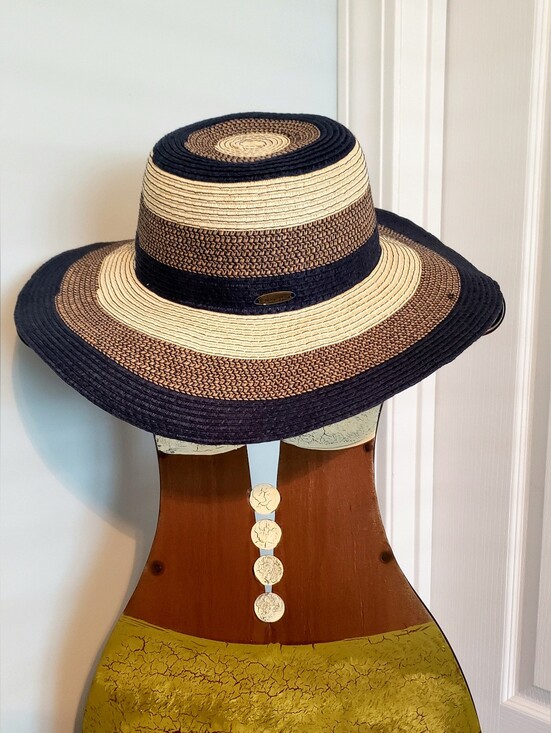 Panama Jack Accessories - Panama Jacks Women's Stripped Straw Sun Hat Wide Brim Navy Tan One Size